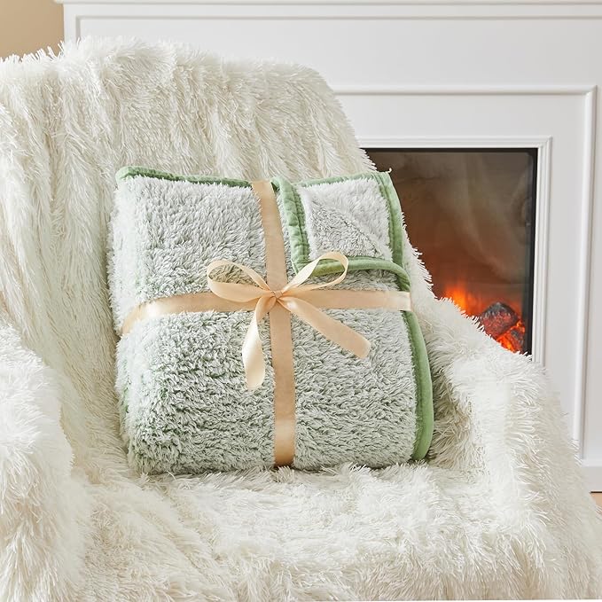 EMME Fuzzy Blanket Soft Fleece Throw Blankets for Women, Fluffy Sherpa Throws(Plush Sage,50"x60")