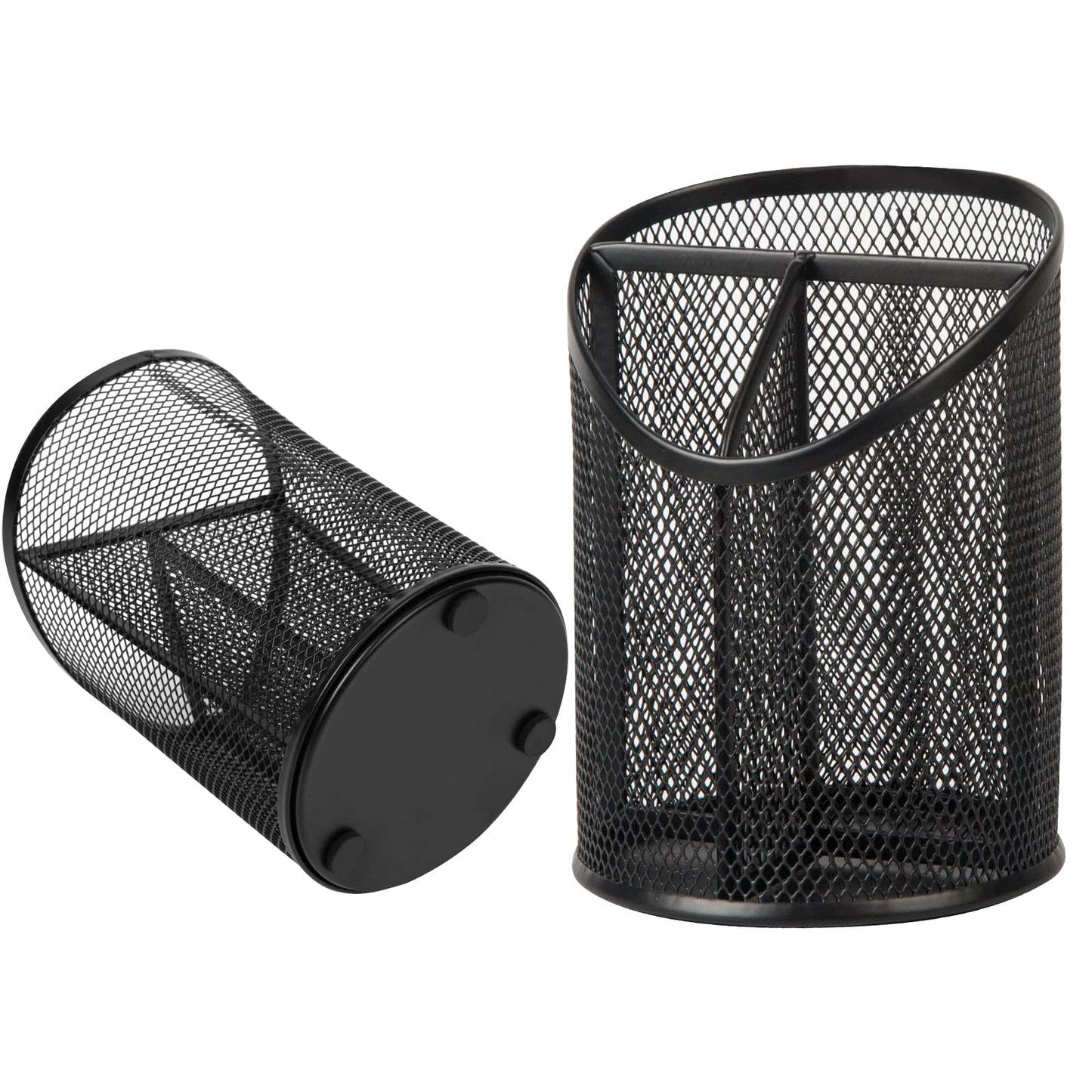 Delifox 2 Pack Pen Holder Mesh Round Pencil Holder Desktop Organizer 3 Compartments, Black