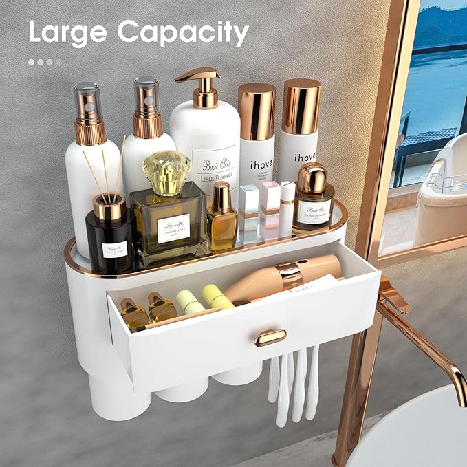 iHave Toothbrush Holders for Bathrooms - Upgrade Wall Mounted Toothbrush Holder with Toothpaste Dispenser - 3 Cups