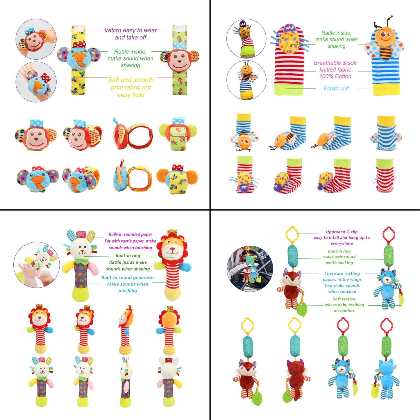 Wrist Rattles Foot Finder Rattle Sock Baby Toy, Hanging Rattle Toy, Arm Hand Bracelet Rattle, Feet Leg Ankle Socks, Activity Rattle Present Gift for Newborn Infant Babies Boy Girl Bebe (12 D)
