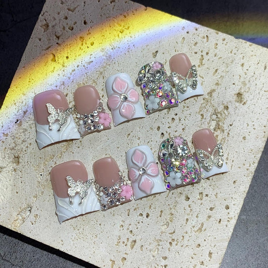 Duck Shaped Press on Nails 3D Flower Colorful Rhinestone and Butterfly Embossed Design Thick Acrylic and Muti-Layer Gel Handmade Press on Nails White French Tip Thick Acrylic Nails for Women (Size S)