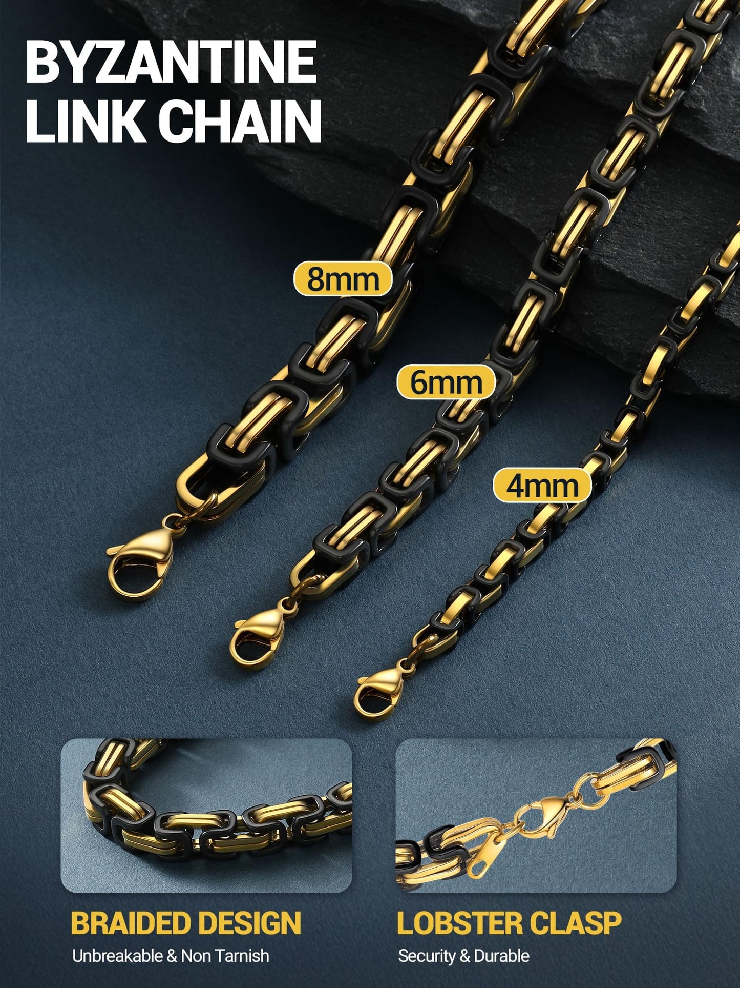 PROSTEEL Byzantine Link Mens Chain Necklace 24 Inch Stainless Steel Black Chains