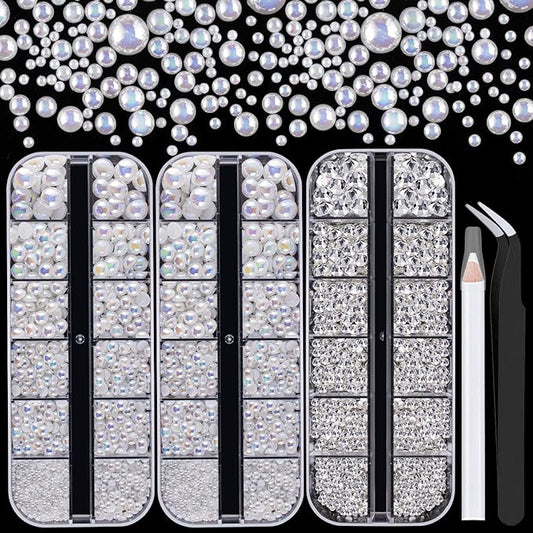 4000PCS Flatback Rhinestones and Half Round Pearls Kit #17, Multi Size Glass Clear Crystals, Plastic Flat Back White AB Dome Bead with Pickup Pencil and Tweezer for Nail Art