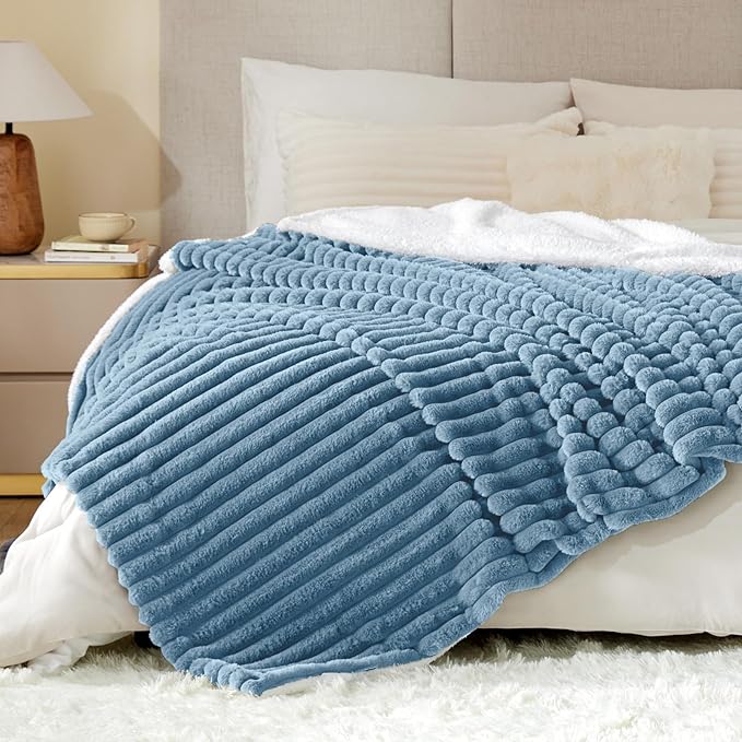 INFIIXSO Sherpa Fleece Queen Size Blanket - Super Soft & Warm Striped Fleece, Cozy Plush Fluffy Large Bed Blanket All Season Use (Light Blue, 90x90 Inches)