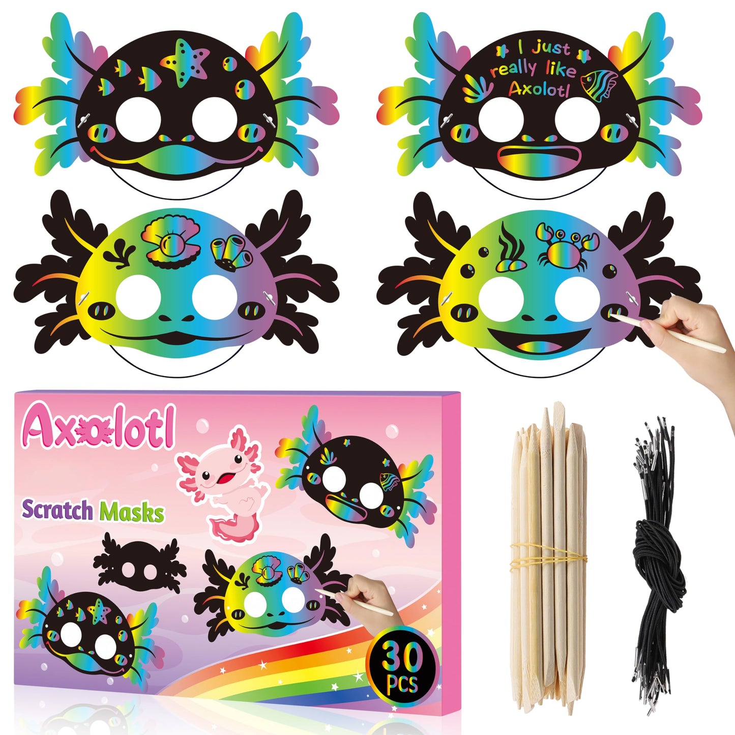 B1ykin 30Pcs Axolotl Scratch Mask Gift Set, DIY Magic Scratch Axolotl Masks Paper Art Craft Kit for Kids, Color Paper Party Favors for Girls Boys Birthday School Classroom Art Activity Project