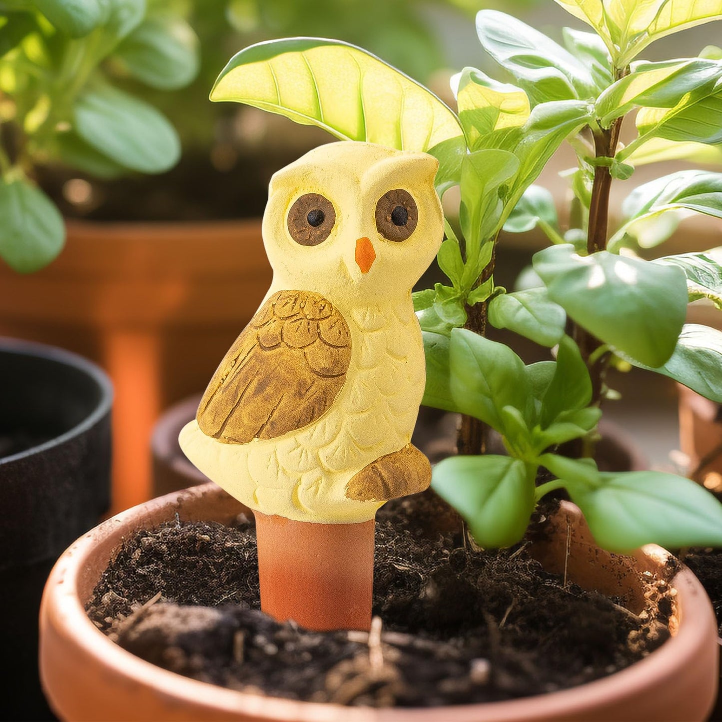 4 Pack Handmade Terracotta Owl Watering Spikes and Globes, Self-Watering Plant Devices with Slow Release System for Continuous Moisture, Perfect Water Bulbs for Indoor and Outdoor Plants Vacation Use