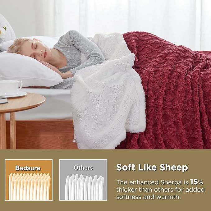 Bedsure Sherpa Fleece Blanket Twin Size for Bed - GentleSoft Fluffy & Cozy Cable Jacquard Tufted for Women Gift, Thick and Warm Blankets for Winter, Red, 60x80 Inches