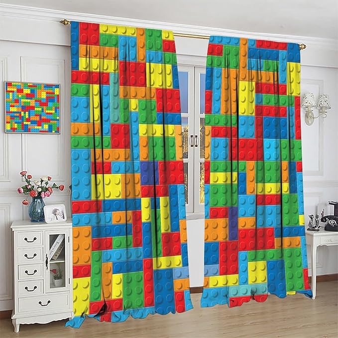 Colorful Building Block Toy Printed Curtains, Building Blocks, Curtains, Fun Brick 3D Design, Kids, Teens, Girls, Boys, Living Room, Bedroom, Window Treatment Panels, 2 Panels 63x63in
