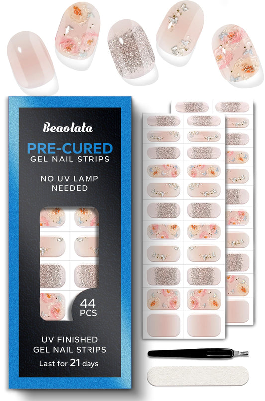 Beaolata Real Gel Nail Strips (No UV Light Needed) - 44Pcs Salon Quality Nail Stickers - Long Lasting Polish Wraps for Women, Easy Apply & Remove (Nude Whisper)