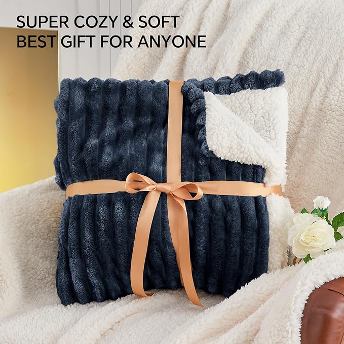 INFIIXSO Sherpa Throw Blanket for Couch - Super Soft & Warm Striped Fleece Blanket, Cozy Plush Fluffy Blanket All Season Use (Navy Blue, 50x60 Inches)