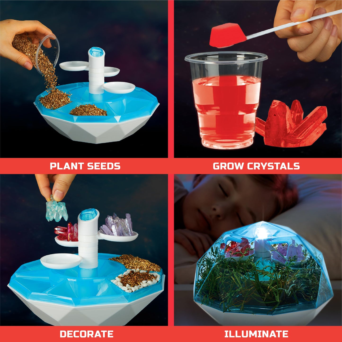 Discovery™ DIY Light-Up LED Terrarium - Plants & Crystals Geodome Grow Kit, 3 Colorful Crystal Formations, Rye Grass, Education STEM Activity Set, Indoor Science Experiment, Chemistry Gift