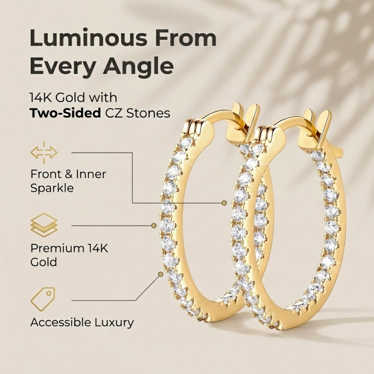 Suiune 14K Yellow Gold Hoop Earrings for Women, Hypoallergenic Dual-Sided Cubic Zirconia Hinged Hoops Jewelry for Woman, 2mm x 30mm