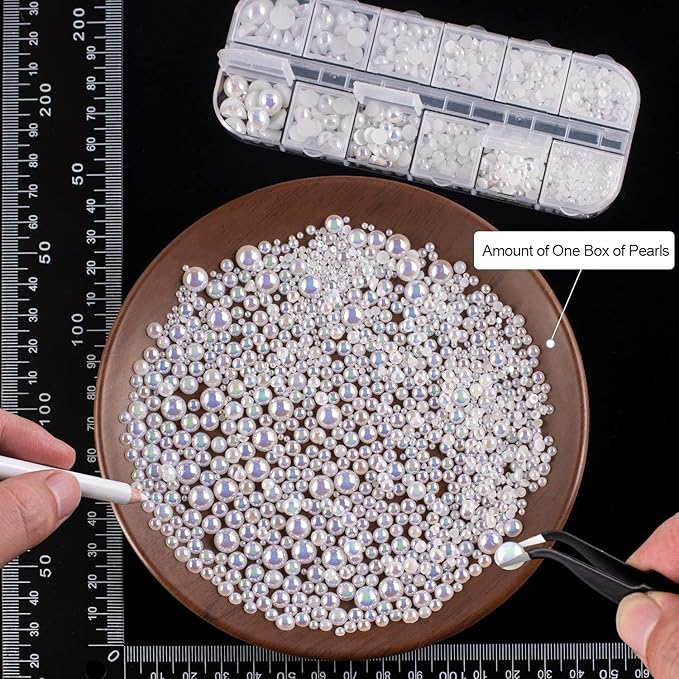4000PCS Flatback Rhinestones and Half Round Pearls Kit #17, Multi Size Glass Clear Crystals, Plastic Flat Back White AB Dome Bead with Pickup Pencil and Tweezer for Nail Art