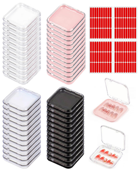 PASDUCHAS 48 Pcs Nail Boxes for Press Ons, Fake Nail Storage Case Packaging Container with 120 Adhesive Double Sided Tape