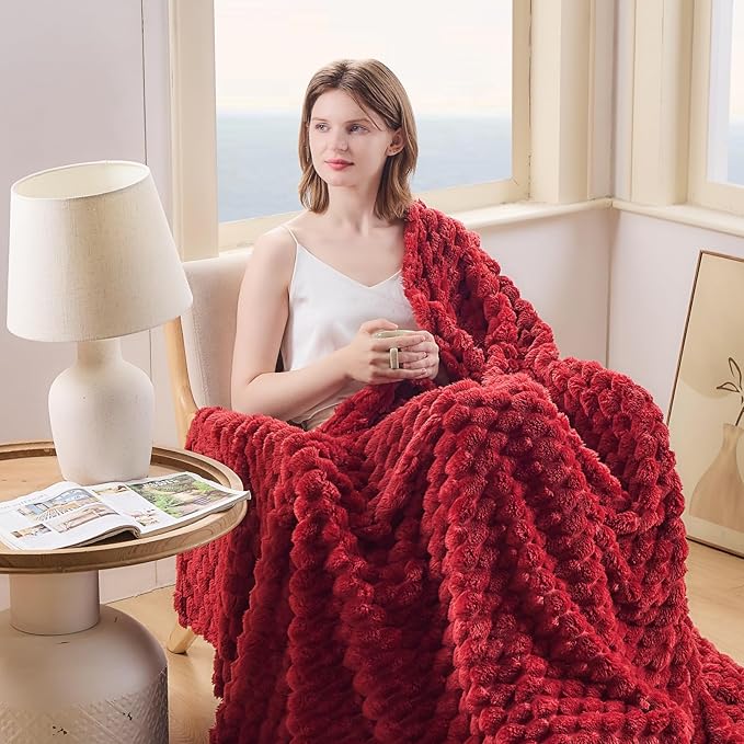 NEWCOSPLAY Super Soft Queen Blanket Red Premium Silky Flannel Fleece 3D Clouds Stylish Jacquard Lightweight Bed Blanket All Season Use 350GSM (Red, Queen(90"x90"))