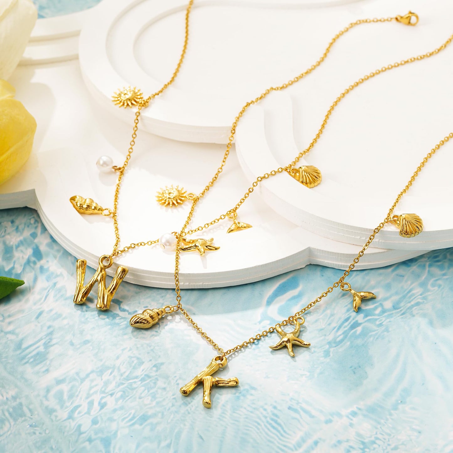 SLOONG Initial Charm Necklace 14K Gold Plated Letter Neckalce Freshwater Pearl Necklace Choker Boho Summer Seashell Beach Starfish Surfer Jewelry Gifts for Women B