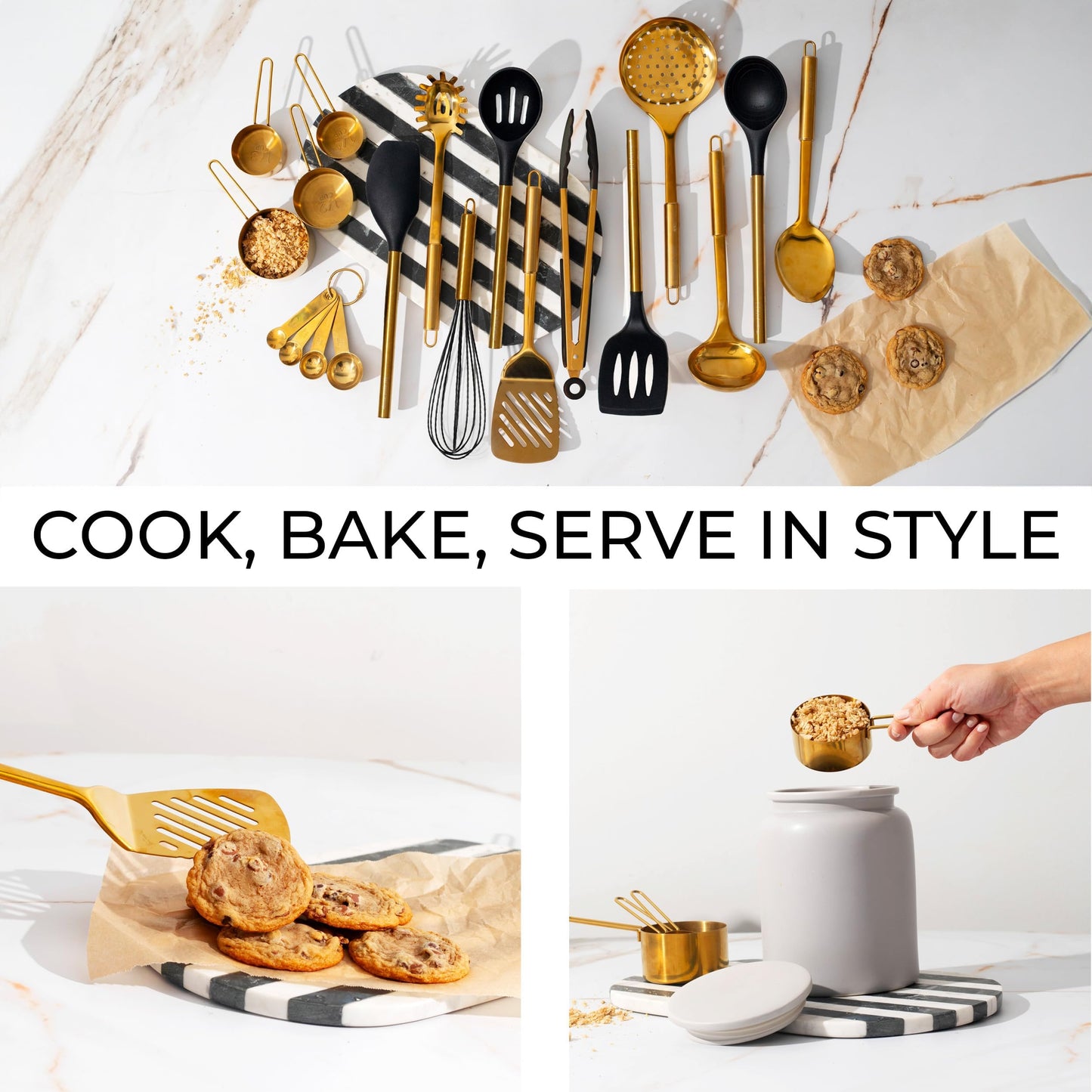 Black and Gold Kitchen Utensils Set - 19-PC Set Includes Stainless Steel and Silicone Cooking Utensils, Measuring Cups and Spoons - Black and Gold Kitchen Accessories for Stylish Cooking & Serving