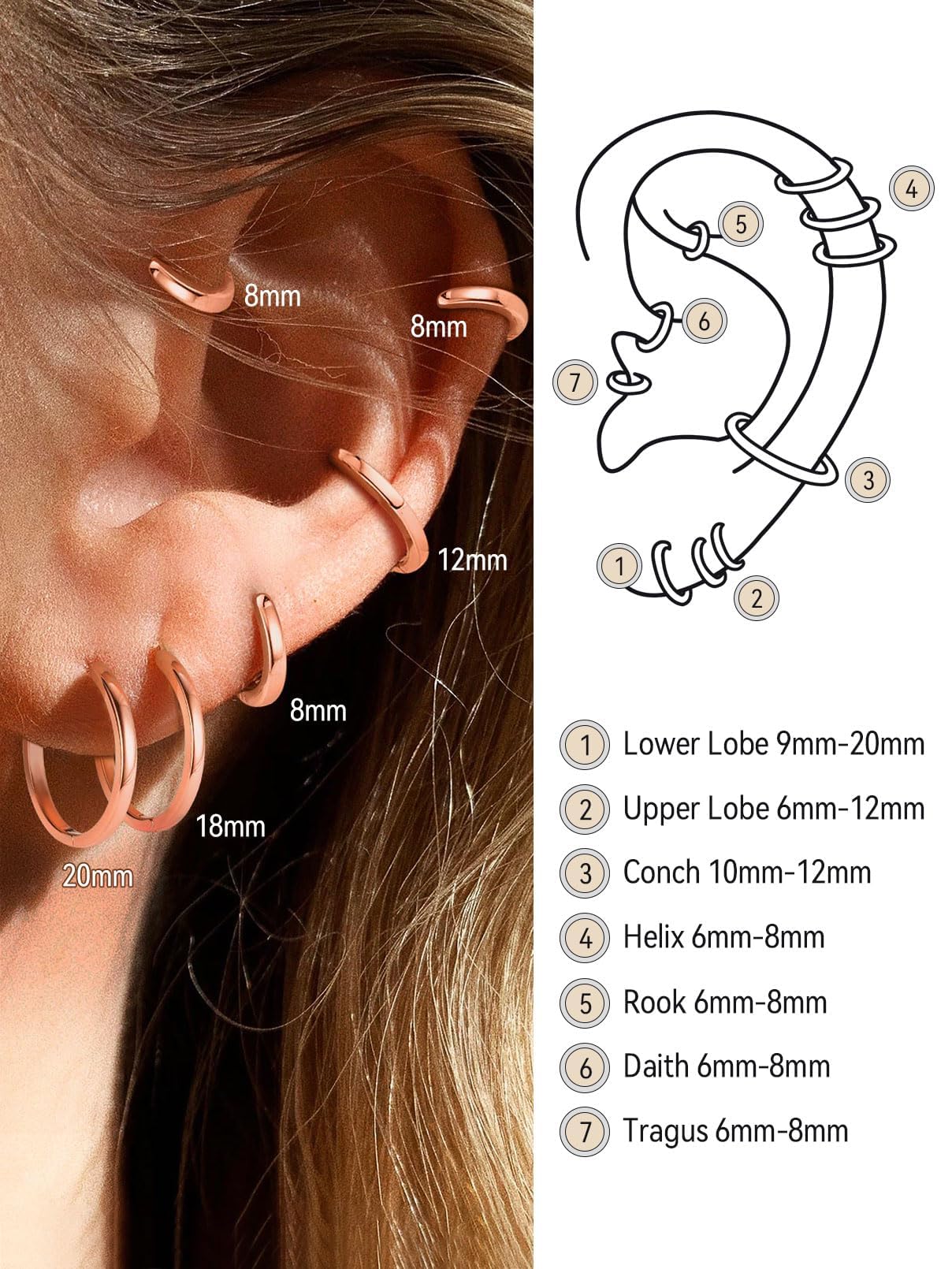 FaithHeart Hoop Earrings for Women, Rose Gold Hypoallergenic Huggie Hoop Earrings, Small Cartilage Earrings for Women 8mm, Send Gift Box
