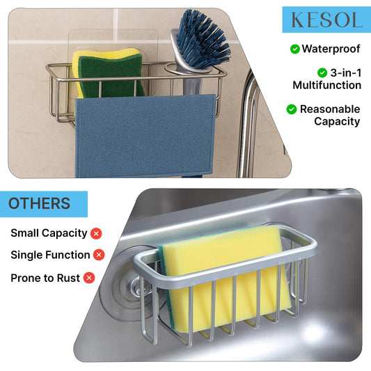 KESOL RustProof Sponge Holder Caddy for Kitchen, Stainless Steel Organizer, Brush Holder, 304 Accessories, Suction Cup + Adhesive