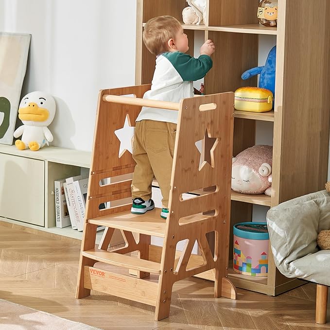 VEVOR Tower Step Stool, 3-Level Height Adjustable Toddler Step Stools for Kids, Bamboo Kitchen Stool, Kids Standing Tower Learning Stool with Safety Rail for Kitchen Counter Bathroom, 350LBS
