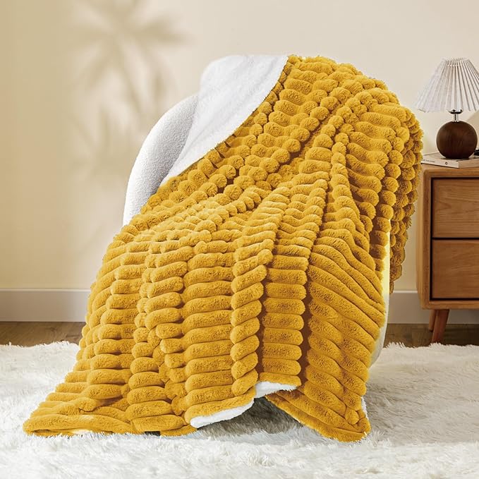 INFIIXSO Sherpa Throw Blanket for Couch - Super Soft & Warm Striped Fleece Blanket, Cozy Plush Fluffy Blanket All Season Use (Mustard Yellow, 60x80 Inches)