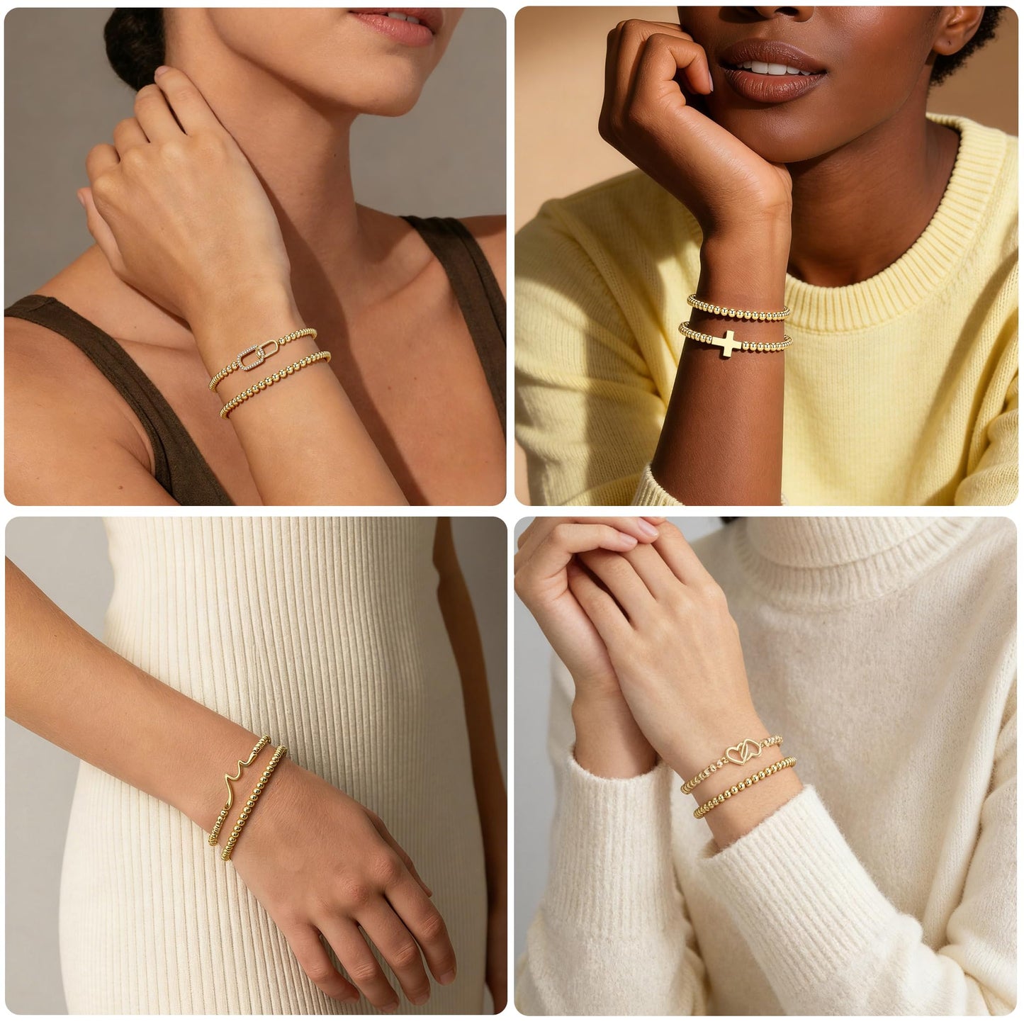 Jsuospmy Gold Beaded Bracelets for Women 14K Gold Bow Bracelet Handmade Stackable Bracelets for Women Trendy Non Tarnish Bracelet Jewelry Gift for Womens 2Pcs (02.Bow+Beaded (Gold))