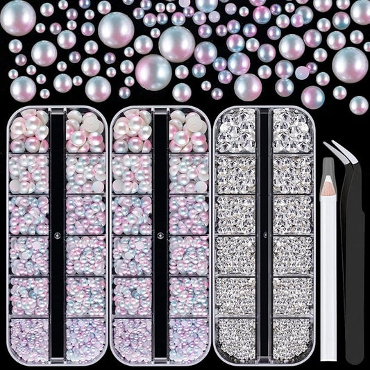 4000PCS Flatback Rhinestones and Half Round Pearls Kit #21, Multi Size Glass Clear Crystals, Plastic Flat Back Pink Mermaid Dome Bead with Pickup Pencil and Tweezer for Nail Art