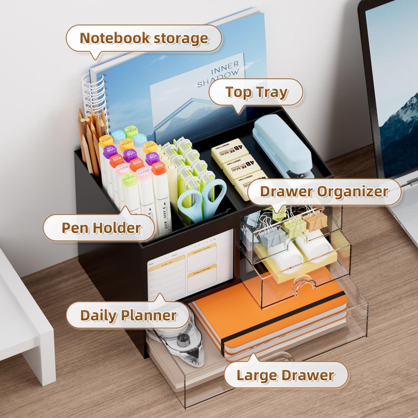 Marbrasse Desk Organizer with 3 Drawer, Multi-Functional Pencil Pen Holder for Desk, Desk Organizers and Accessories with 4 Compartments, Desktop Organizer Storage for Office Home Art Supplies (Black)