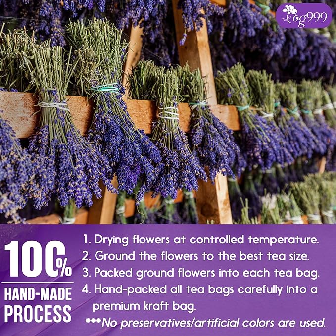 120 Lavender Flower Tea Bags, 100% Natural & Pure. Loose Flower Lavender Herbal Tea. No Sugar, No Caffeine, No Gluten, Vegan.