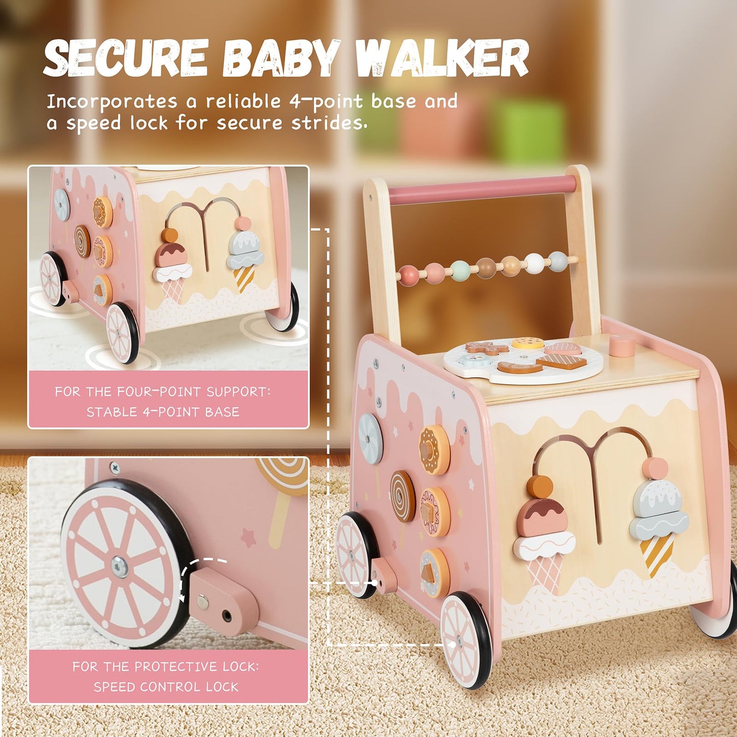 Wooden Baby Walker, Multifunctional Ice Cream Cart Activity Toy for Learning to Push Walk with Wheels, Pretend Playset Ideal for Toddlers, Boys and Girls Ages 18-36M