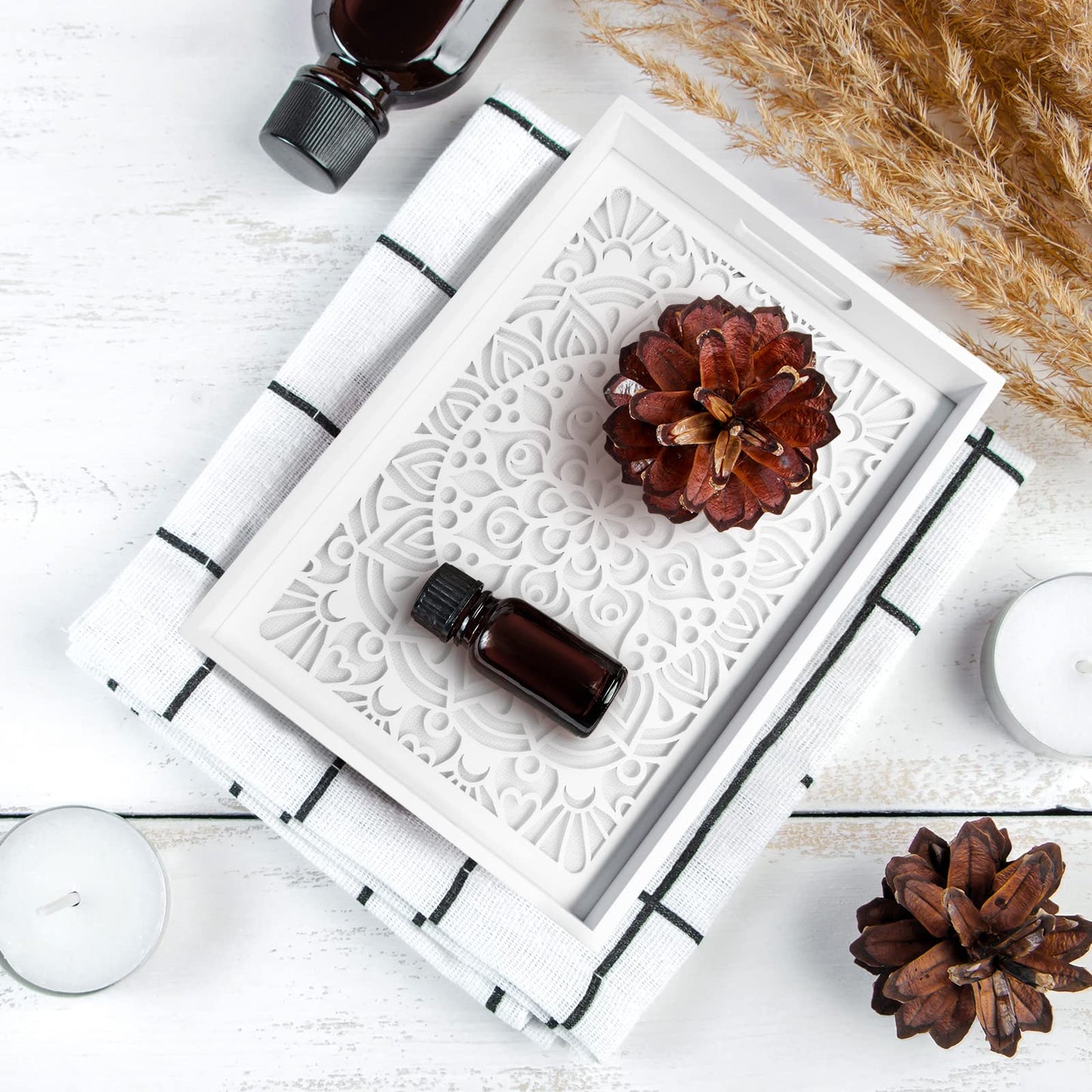 LINKOVE Wooden Serving Tray with Handles, White Wood Couch Ottoman Tray for Living Room, Decorative Tray for Coffee Table Kitchen Counter, Candle Perfume Displayed for Bedroom Bathroom,15" x 10"