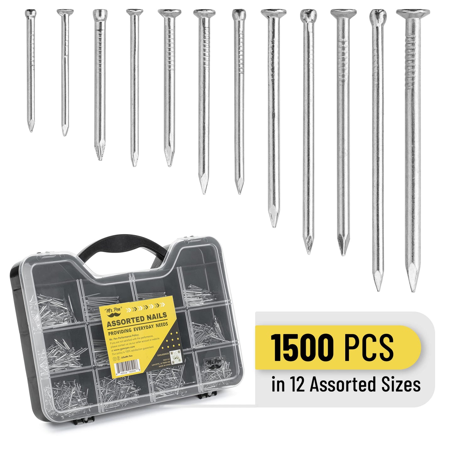 Mr. Pen- Nail Assortment Kit, 1500 Pcs, Assorted 12 Sizes Brad Head and Flat Head Nails, Small Nails for Hanging Pictures Bulk