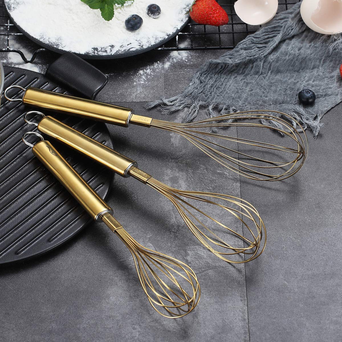 Berglander Gold Whisk Pack of 3 Stainless Steel 8",10",12", Titianium Plating Whisks for Cooking, Beater,Wire Whisk Set Kitchen Wisk (Gold)