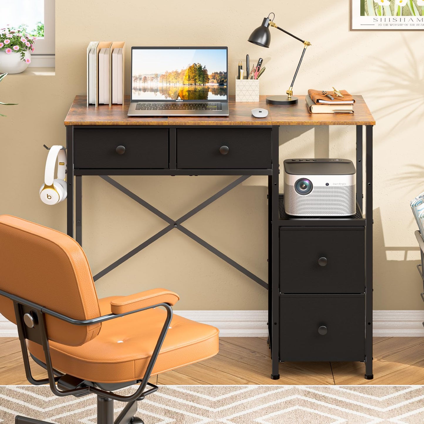 3IngSeagulls Small Computer Desk with 4 Fabric Drawers, Simple Writing Desk for Home Office, Compact Study Desks for Small Spaces, Kids Desk Study for Bedroom, Rustic Brown