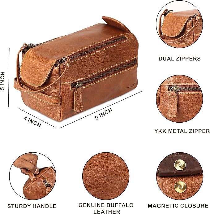KomalC Premium Buffalo Leather Toiletry Bag for Men & Women – Leather Dopp Kit With Water resistant Lining, Premium Toiletry Travel Pouch, Unisex Wash Bag for Toiletries, Gifts for Men and Women