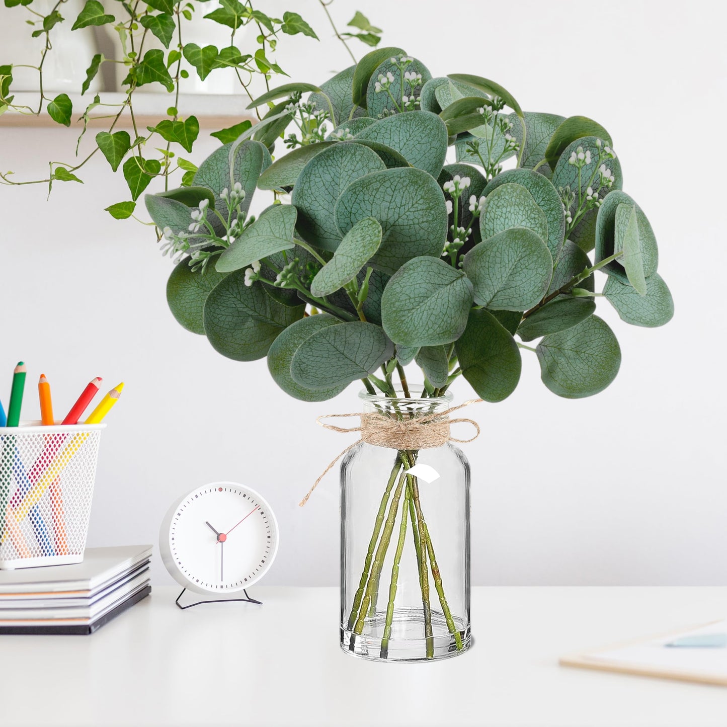 14" Artificial Eucalyptus Stems in Glass Vase with Faux Water, Realistic Eucalyptus Leaves Fake Plant Branch Greenery Decoration for Home Farmhouse Bathroom Kitchen Wedding Centerpiece Table Décor