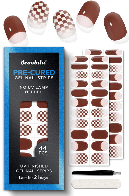 Beaolata Real Gel Nail Strips (No UV Light Needed) - 44Pcs Salon Quality Nail Stickers - Long Lasting Polish Wraps for Women, Easy Apply & Remove (Chestnut Brown