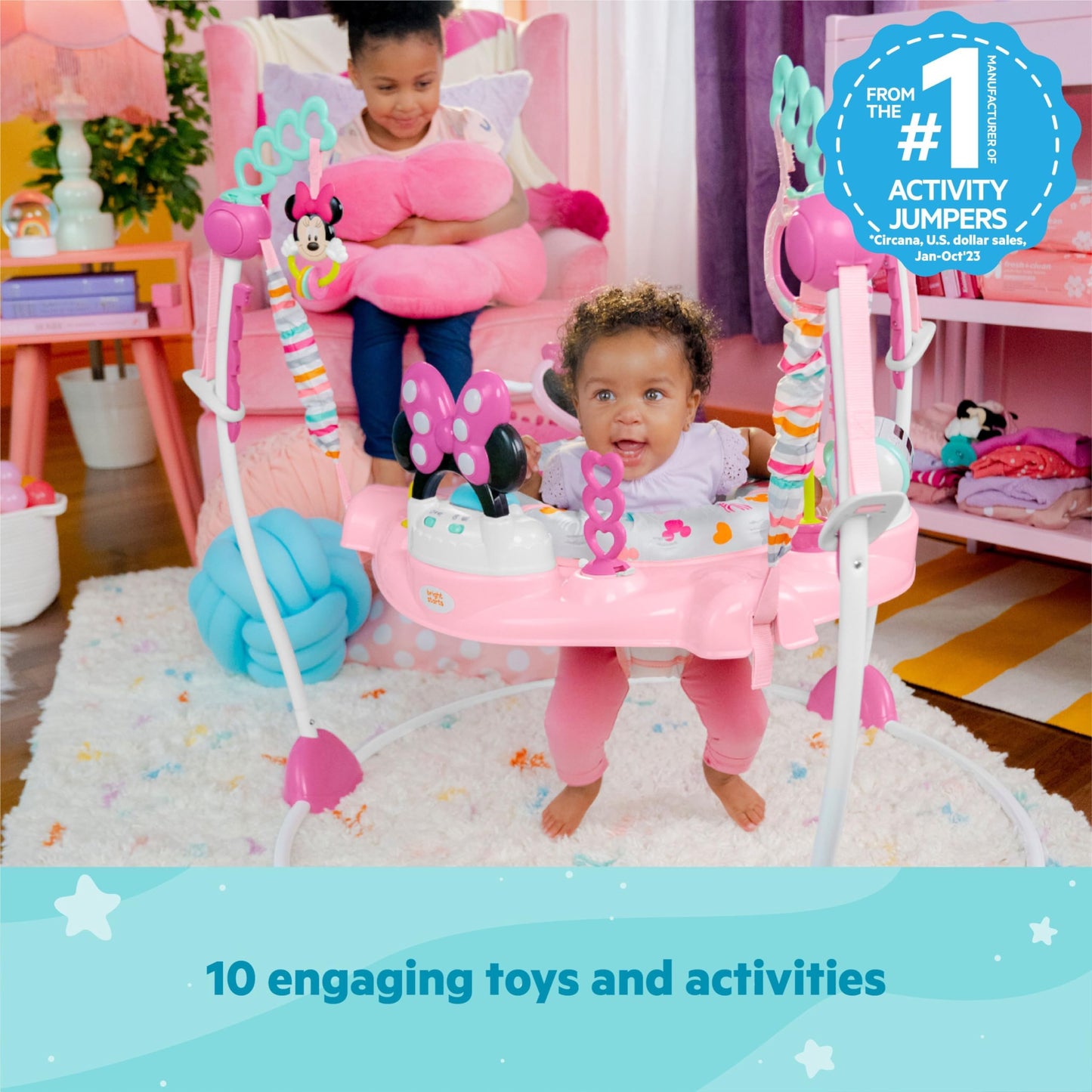 Bright Starts Disney Baby Minnie Mouse Forever Besties Baby Activity Center Jumper with 10 Toys, Lights & Sounds, 360-Degree Seat, 6-12 Months (Pink)