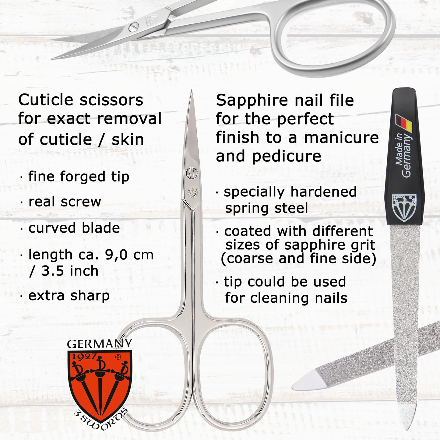 3 Swords Germany - Brand Quality 6 piece Manicure Pedicure Grooming kit Set - Scissors, Metal and Glass Nail File, Clipper, Tweezers with Synthetic Leather case - White