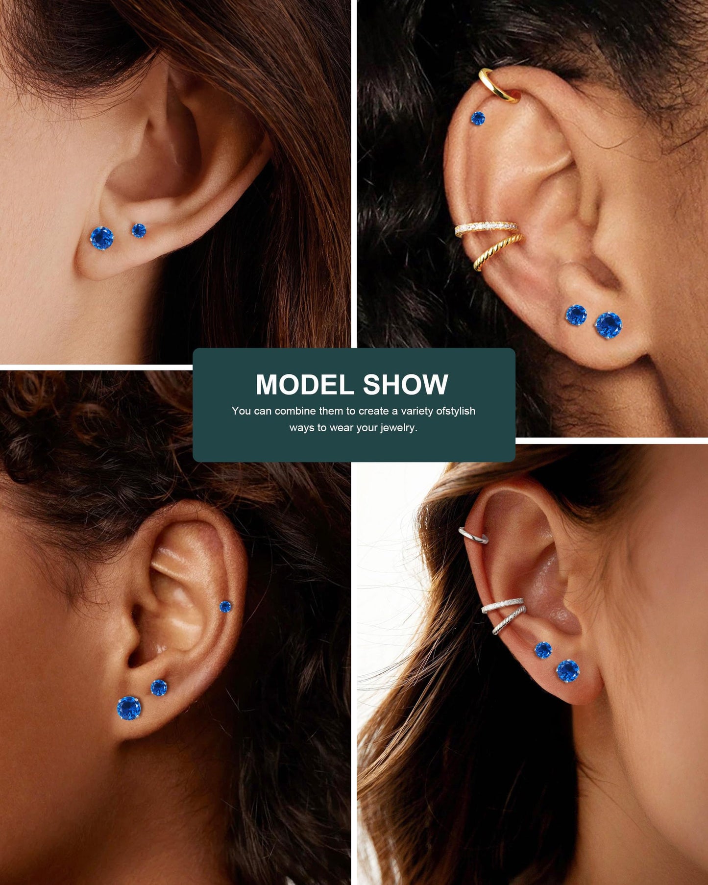 6 Pairs Stud Earrings Set, Hypoallergenic Cubic Zirconia Earrings 316L Stainless Steel CZ Earrings 3-8mm (Royal blue CZ)