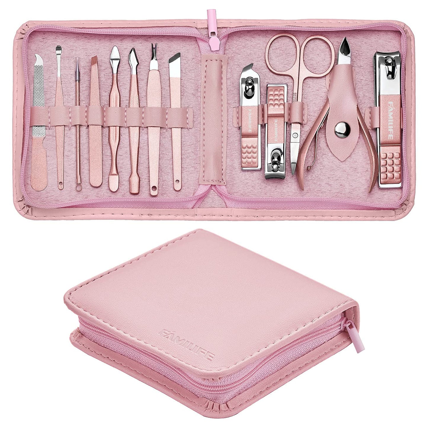FAMILIFE F06 Manicure Set, 13pcs Pedicure Kit Rose Gold Nail Clipper Set Professional Manicure Kit and 12 Pieces Grooming Kit with Luxurious Leather Travel Case (D-Brown)