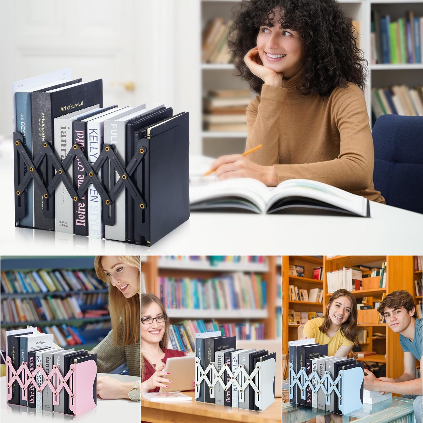 M&G Adjustable Bookends Book Ends for Shelves, Metal Bookend for Heavy Books, Desk Magazine File Organizer Holder Extends up to 20in, Book Stopper for Home, Office, Classroom (Black)