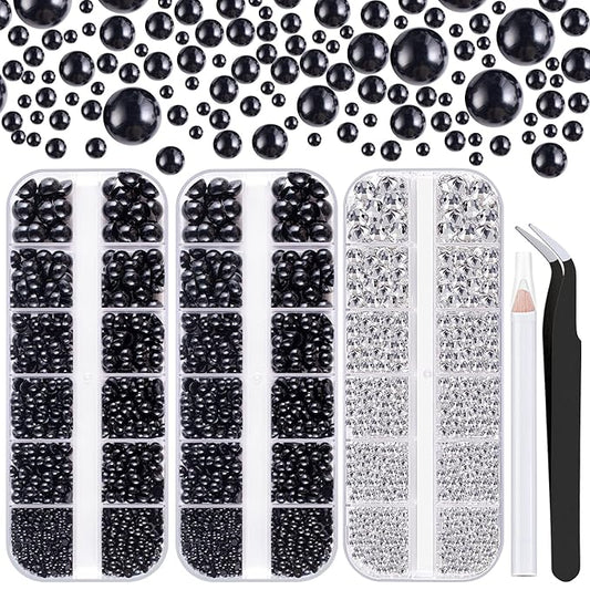 4000PCS Flatback Rhinestones and Half Round Pearls Kit #27, Multi Size Glass Clear Crystals, Plastic Flat Back Black Dome Bead with Pickup Pencil and Tweezer for Nail Art