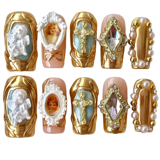 Handmade Press On Nails Luxury Baroque Gold Cross, Cherubs & Pearl Frames | Medium/Short Square | Reusable Thick Acrylic False Nails (Baroque, M)
