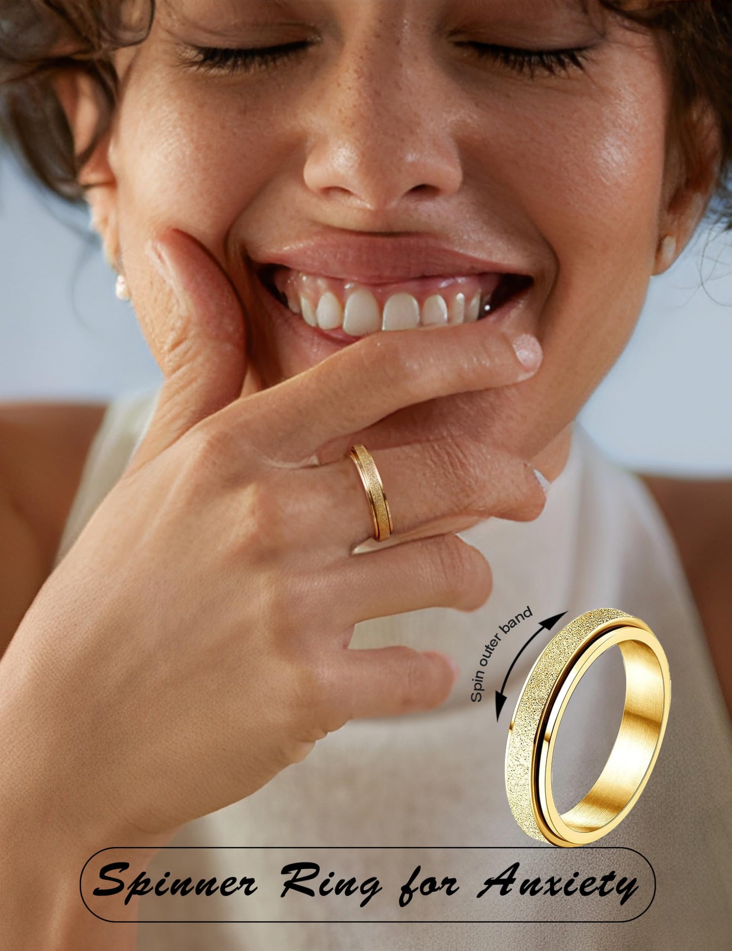 Diamday Fidget Rings for Women Men - 4mm Gold Spinner Stainless Steel Ring for Anxiety Stress Relief Glitter Sandblast Spinning Figit Anxiety Jewelry for Wedding Promise Size 9