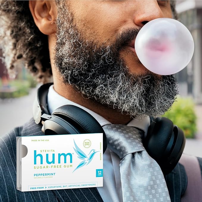 Stevita Hum, Peppermint - Sugar-Free Gum - 12 Pieces, Pack of 12 - Supports Oral Health - Non-GMO, Vegetarian, Keto, Gluten Free (Package may vary)