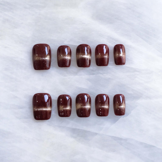 GLORS Wine Red & Gold Press on Nails, Handmade Reusable False Nails with Luxe Sheer Glitter Design, Short Square Shape, 10 Pieces (Small, SS)