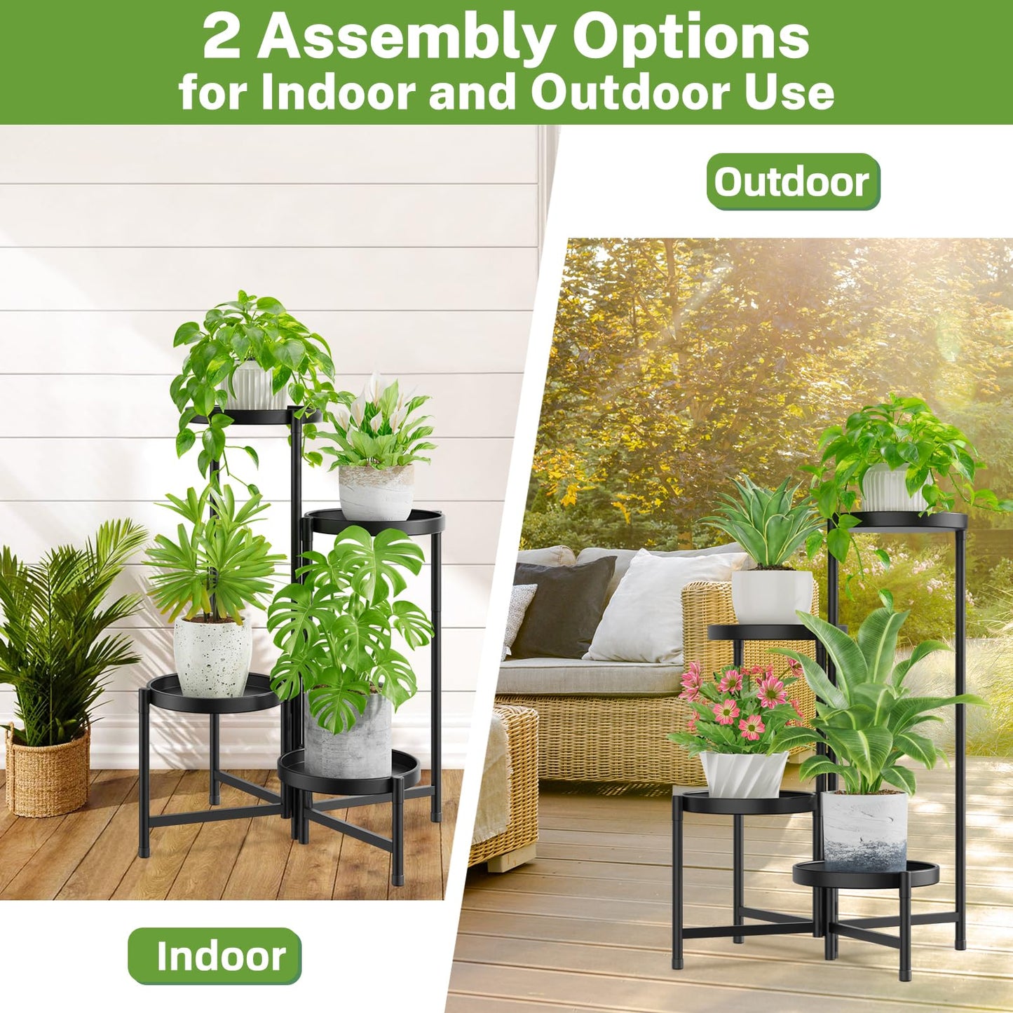 iDavosic.ly 4 Tier Large Plant Stand Indoor with 10 Inch Wide Tray, Tiered Corner Metal Outdoor Flower Display Holder Shelf, Folding Tall Rack for Patio Porch Living Room, Modern Black