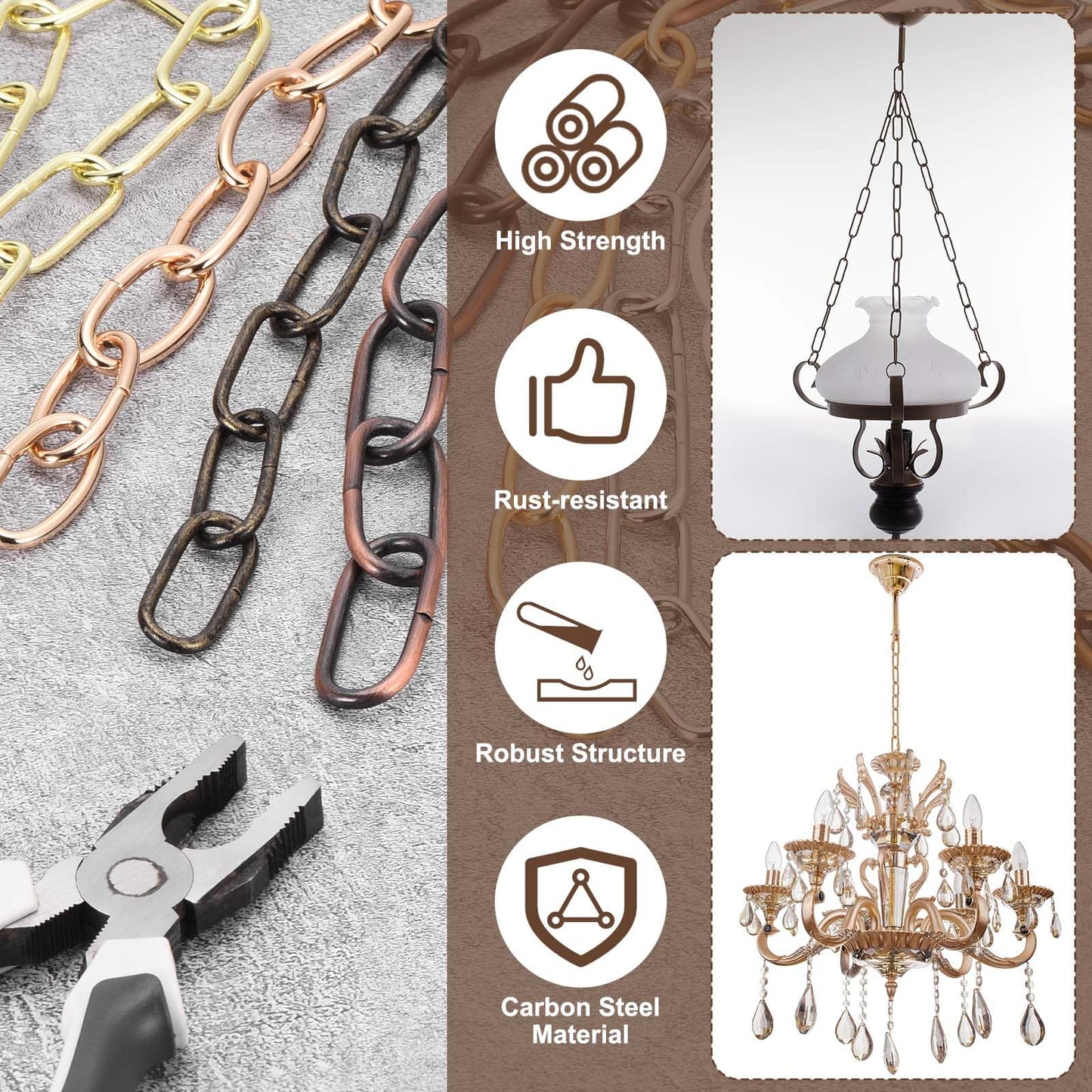 uxcell 3ft Lighting Hanging Chain, 3.8mm/0.15" Looping Metal Pendant Chandelier Chain Extension with 2 Spring Snap Hook for Hanging Plant Pendant Chandelier Light Fixture, Red Bronze