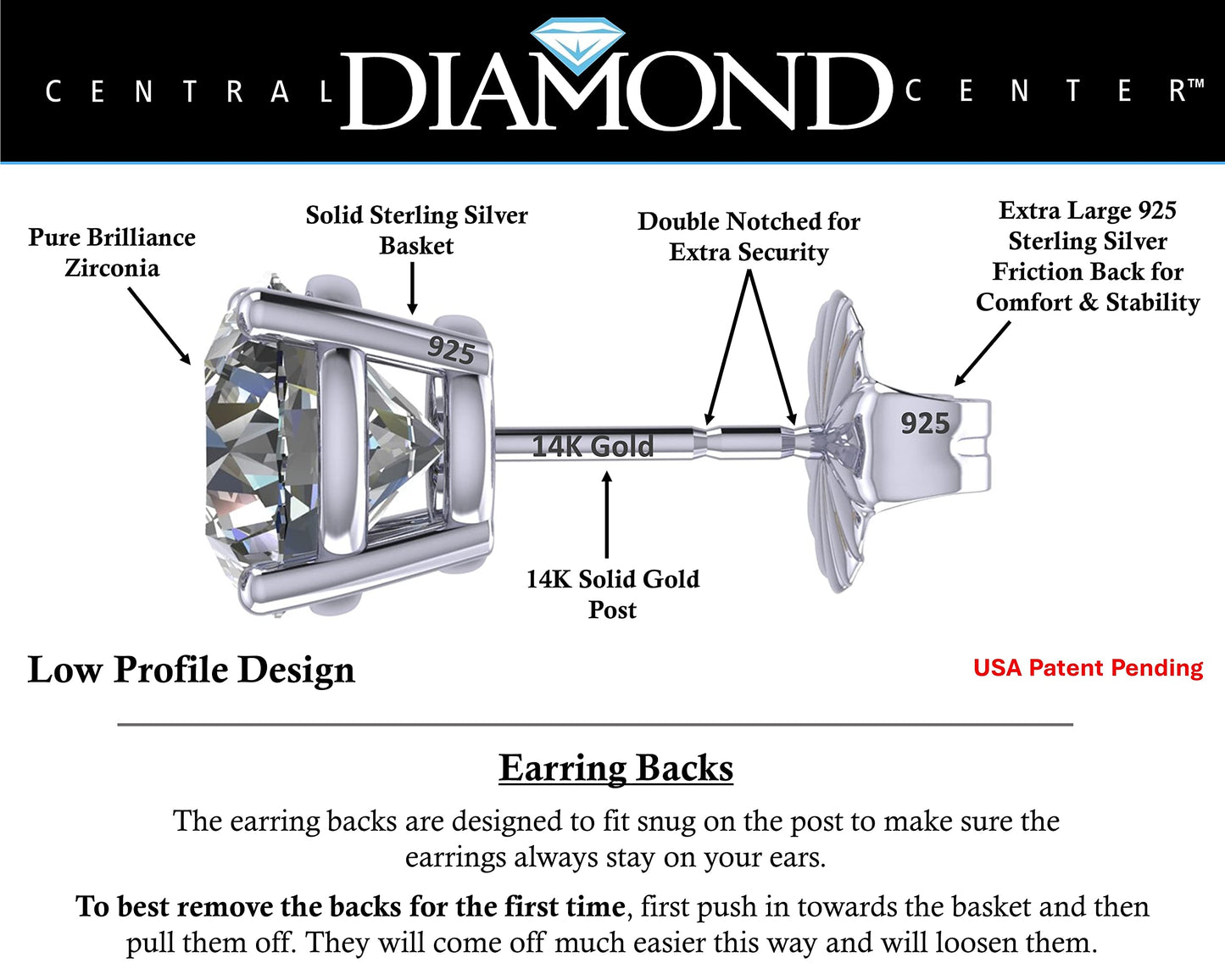 Central Diamond Center 14K Solid Gold Post & Sterling Silver Made with Swarovski 4 Prong CZ Stud Earrings - Platinum Plated - 5.50mm - 1.50cttw
